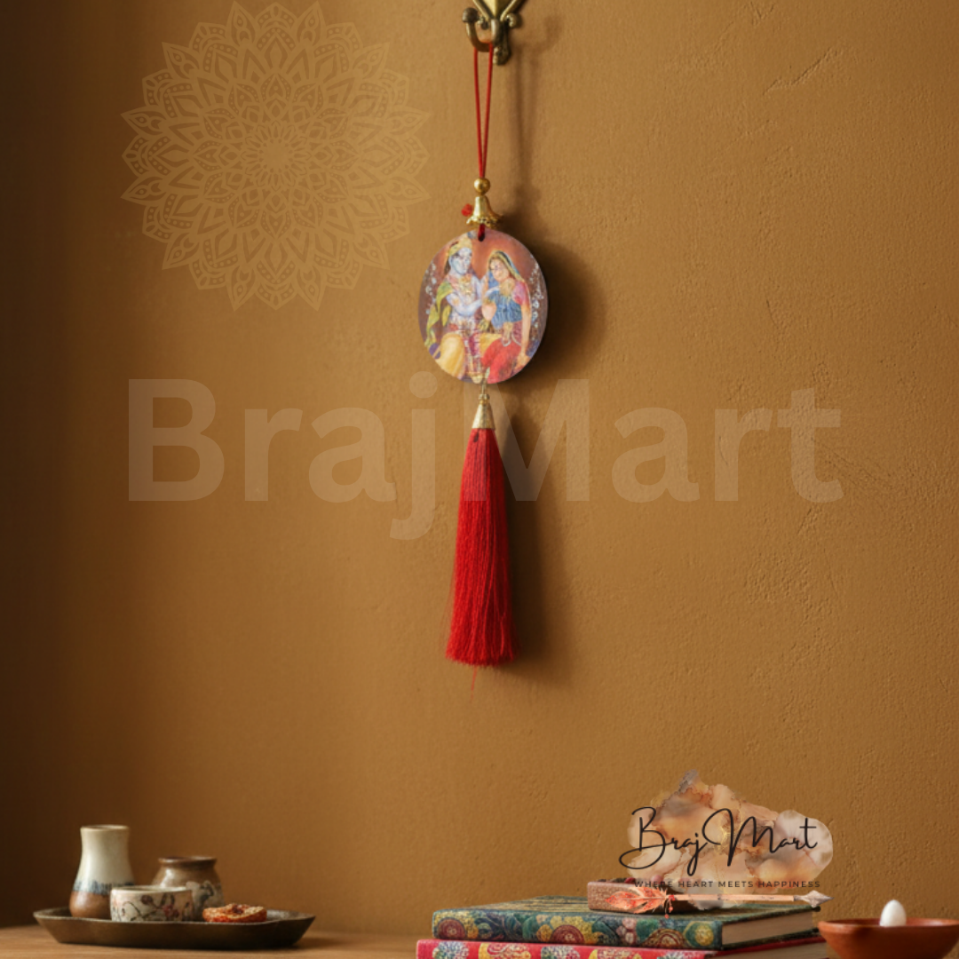 round Radha Krishna hanging with red tassel for car interior decoration