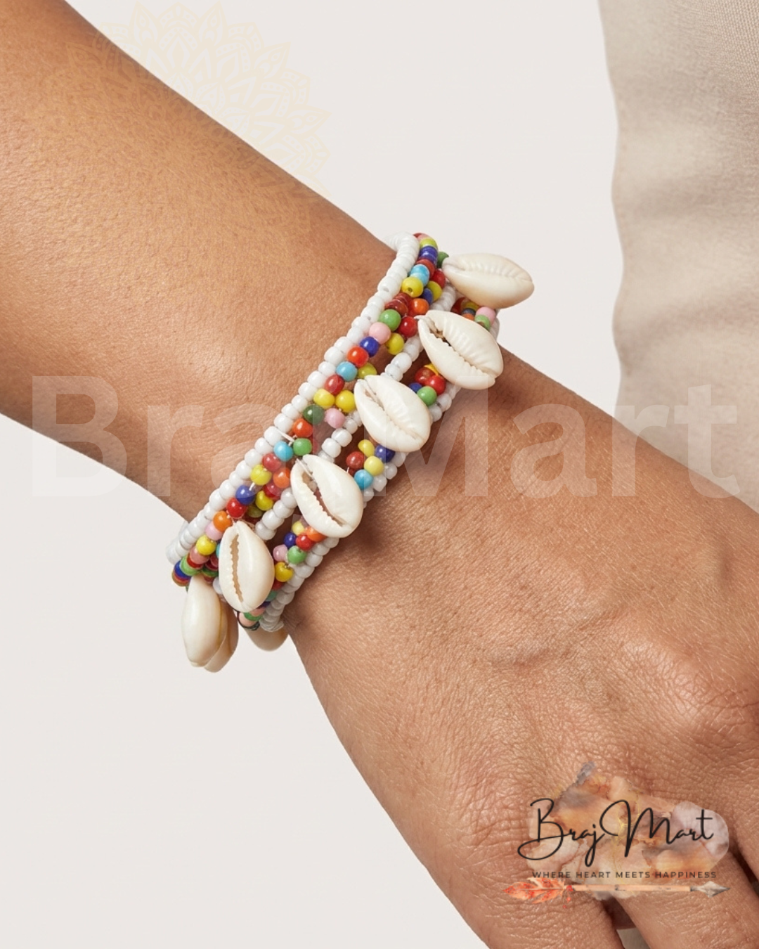Tribal multicolor shell beaded kada bracelet set free size combo of 2