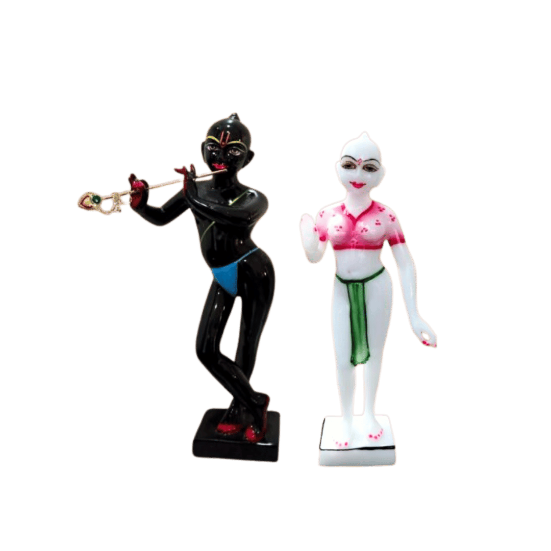 Marble Iskcon Radha Krishna Idol – Black & White 11-Inch Decorative Statue for Temples and Home Decor